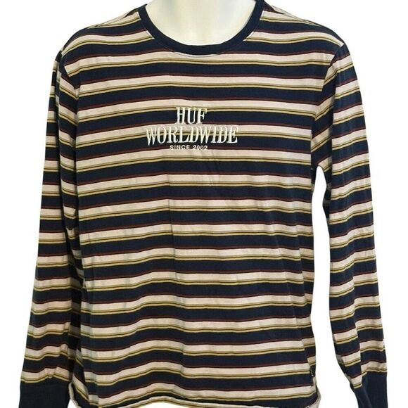 Vintage 90s HUF Worldwide Long Sleeve T Shirt Embroidered Logo Striped Blue Yell - Picture 1 of 7